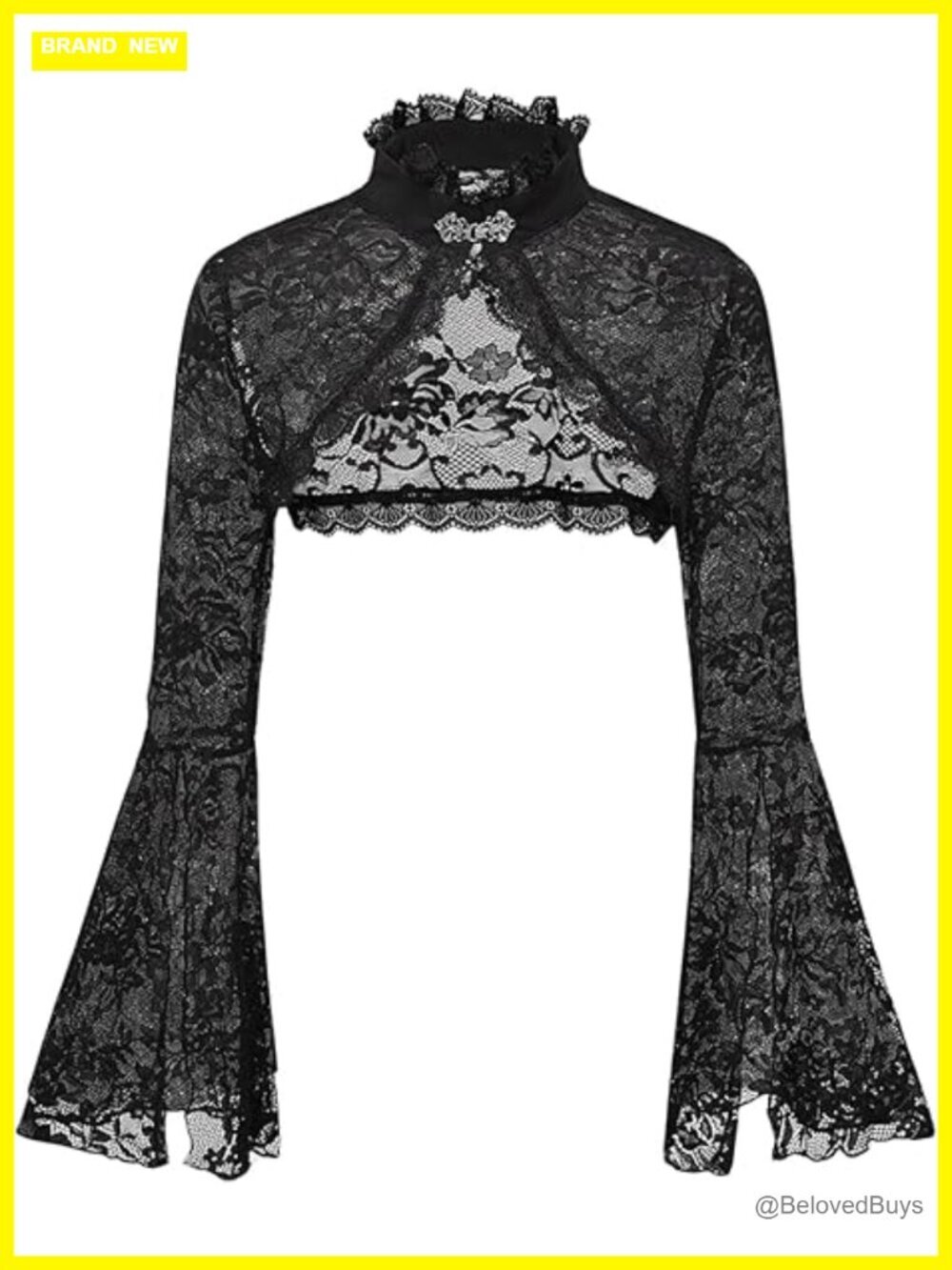 Floral Lace Mesh Bell Sleeve Shrug Bolero Open Front Stand Collar Crop Top